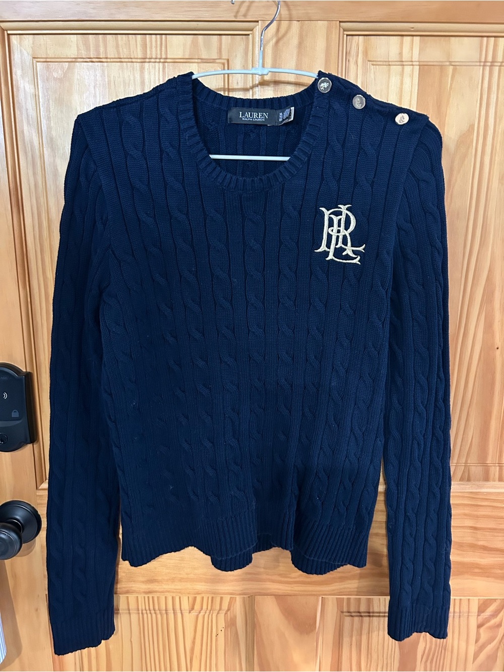 Lauren Ralph Lauren Navy Cable-Knit Crewneck Sweater with gold Shoulder Buttons